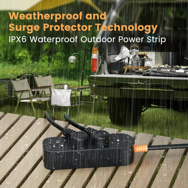 Alt view image 2 of 7 - Outdoor Power Strip Weatherproof, 3 AC Outlets, 6 FT Extension Cord 1625W/13A Surge Protector, UL FCC Listed, IPX6 Waterproof, Anti-Electric Shock, Wall Mountable, for Garage, Workshop, Patio