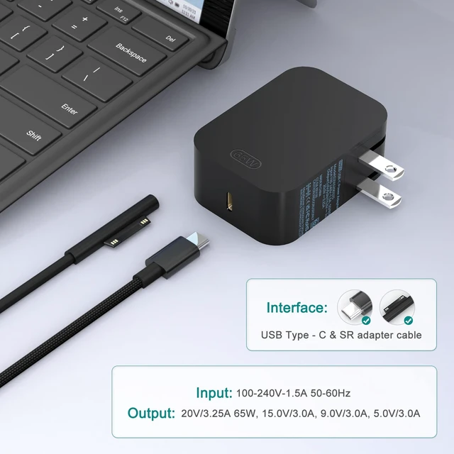 Alt view image 6 of 7 - New 65W Surface Charger with Foldable AC Plug, Compatible with Surface Pro Charger 13 11,12,10,9,8,7+,7,6,5,4,3,X, Surface Book3,2,1, Laptop & Tablet, Supporting 44W 36W 24W Charging Needs