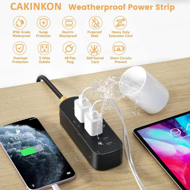 Alt view image 3 of 7 - Outdoor Power Strip Weatherproof, 3 AC Outlets, 6 FT Extension Cord 1625W/13A Surge Protector, UL FCC Listed, IPX6 Waterproof, Anti-Electric Shock, Wall Mountable, for Garage, Workshop, Patio