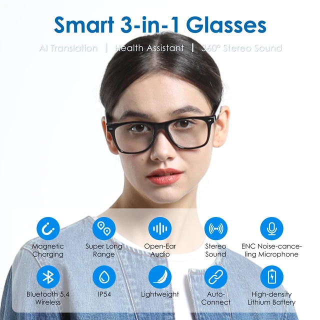Alt view image 2 of 7 - AI Glasses, Smart Glasses Powered by ChatGPT, Real-Time AI Translation AI translation in 145 languages, Handsfree calls, Immersive audio, Holds AI conversations, 11H Playtime