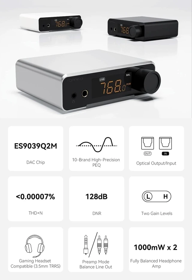 Alt view image 2 of 7 - DX1 II Gaming DAC Headphone Amplifier with 10-Band PEQ, ES9039Q2M DAC, 4.4mm Balanced & 3.5mm Output, 1000mW x2, Optical I/O, USB-C Plug-and-Play for PC/PS5/Switch (Black)