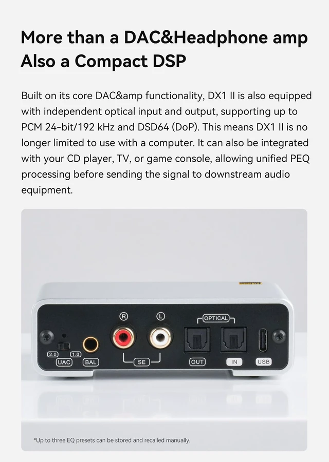 Alt view image 4 of 7 - DX1 II Gaming DAC Headphone Amplifier with 10-Band PEQ, ES9039Q2M DAC, 4.4mm Balanced & 3.5mm Output, 1000mW x2, Optical I/O, USB-C Plug-and-Play for PC/PS5/Switch (Black)