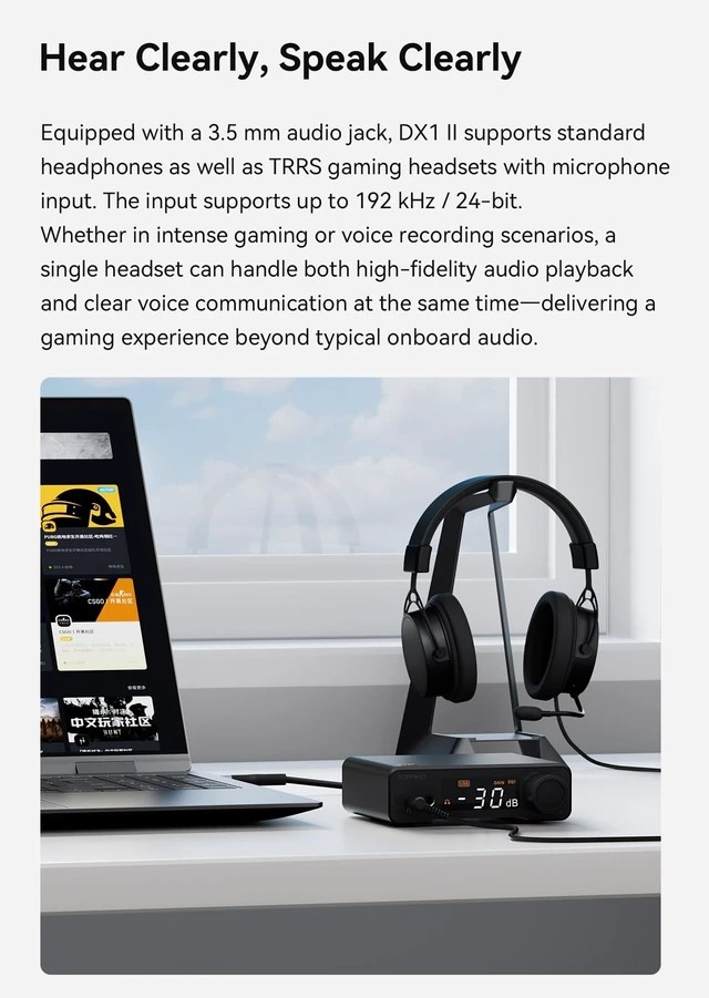 Alt view image 6 of 7 - DX1 II Gaming DAC Headphone Amplifier with 10-Band PEQ, ES9039Q2M DAC, 4.4mm Balanced & 3.5mm Output, 1000mW x2, Optical I/O, USB-C Plug-and-Play for PC/PS5/Switch (Black)