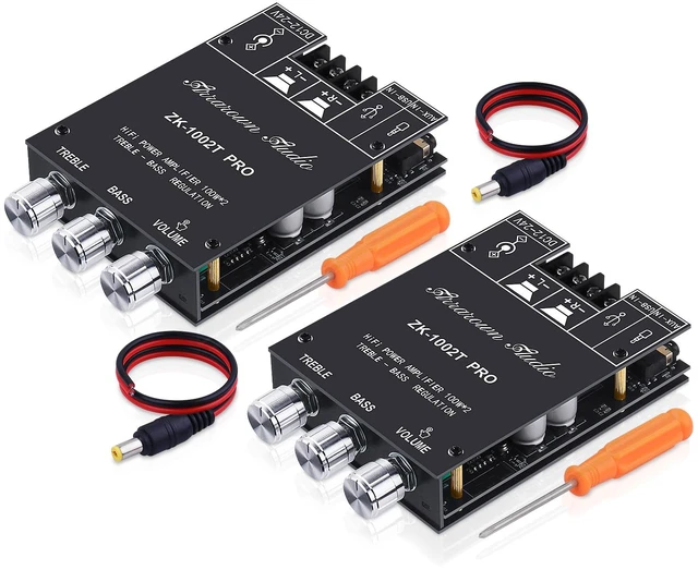 Main image of ZK-1002T PRO Bluetooth 5.0 Amplifier Board 2.0 Ch 200W HiFi Subwoofer Amp Audio AMP with Treble and Bass, BT USB and AUX Inputs, DC 12-24V Stereo AMP Module for DIY Speakers (2 Pack)