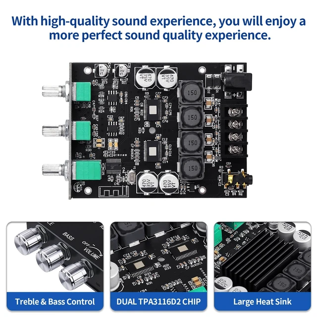 Alt view image 3 of 7 - ZK-1002T PRO Bluetooth 5.0 Amplifier Board 2.0 Ch 200W HiFi Subwoofer Amp Audio AMP with Treble and Bass, BT USB and AUX Inputs, DC 12-24V Stereo AMP Module for DIY Speakers (2 Pack)