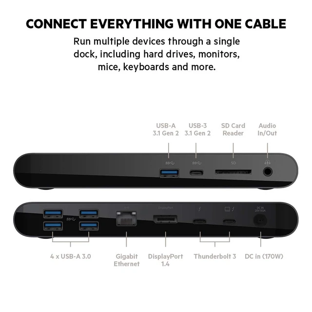 Alt view image 4 of 7 - Thunderbolt 3 Docking Station + TB Cable 0.8M dual 4K display, USB-C dock, MacBook, laptop expansion, ethernet, USB-A ports, home office