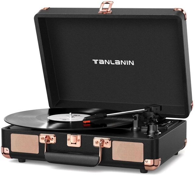 Main image of Retro Suitcase Vinyl Record Player with USB Recording, Bluetooth in, Black Built-in Stereo Speakers, Portable 3-speed turntable plays 7/10/12" Records, LED display, belt driven, RCA/Headphone Jack