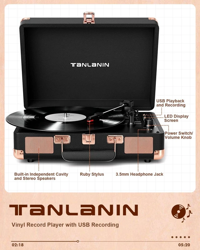 Alt view image 2 of 7 - Retro Suitcase Vinyl Record Player with USB Recording, Bluetooth in, Black Built-in Stereo Speakers, Portable 3-speed turntable plays 7/10/12" Records, LED display, belt driven, RCA/Headphone Jack