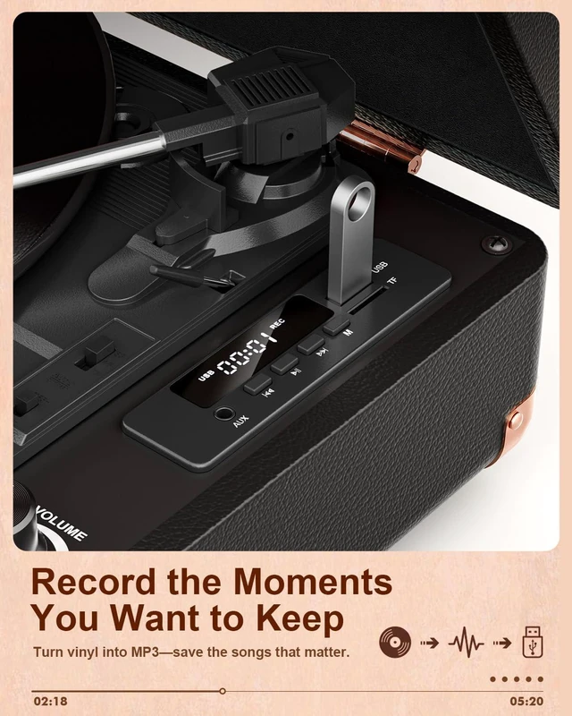 Alt view image 3 of 7 - Retro Suitcase Vinyl Record Player with USB Recording, Bluetooth in, Black Built-in Stereo Speakers, Portable 3-speed turntable plays 7/10/12" Records, LED display, belt driven, RCA/Headphone Jack