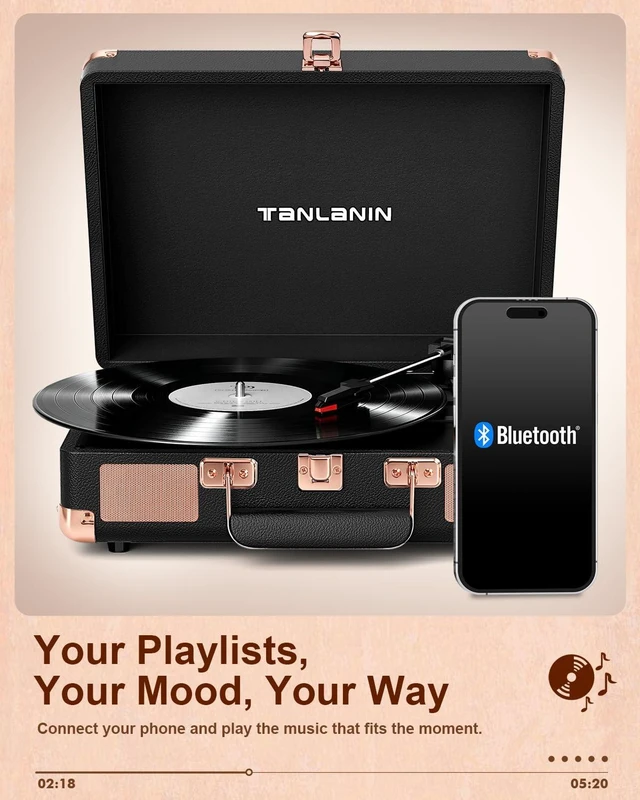 Alt view image 4 of 7 - Retro Suitcase Vinyl Record Player with USB Recording, Bluetooth in, Black Built-in Stereo Speakers, Portable 3-speed turntable plays 7/10/12" Records, LED display, belt driven, RCA/Headphone Jack