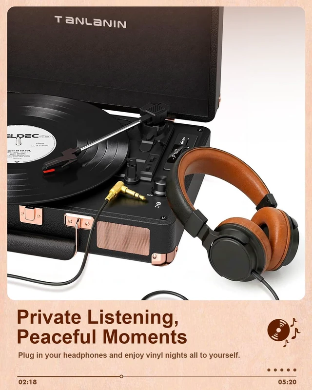 Alt view image 6 of 7 - Retro Suitcase Vinyl Record Player with USB Recording, Bluetooth in, Black Built-in Stereo Speakers, Portable 3-speed turntable plays 7/10/12" Records, LED display, belt driven, RCA/Headphone Jack