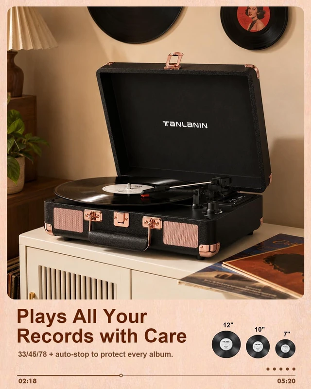 Alt view image 5 of 7 - Retro Suitcase Vinyl Record Player with USB Recording, Bluetooth in, Black Built-in Stereo Speakers, Portable 3-speed turntable plays 7/10/12" Records, LED display, belt driven, RCA/Headphone Jack