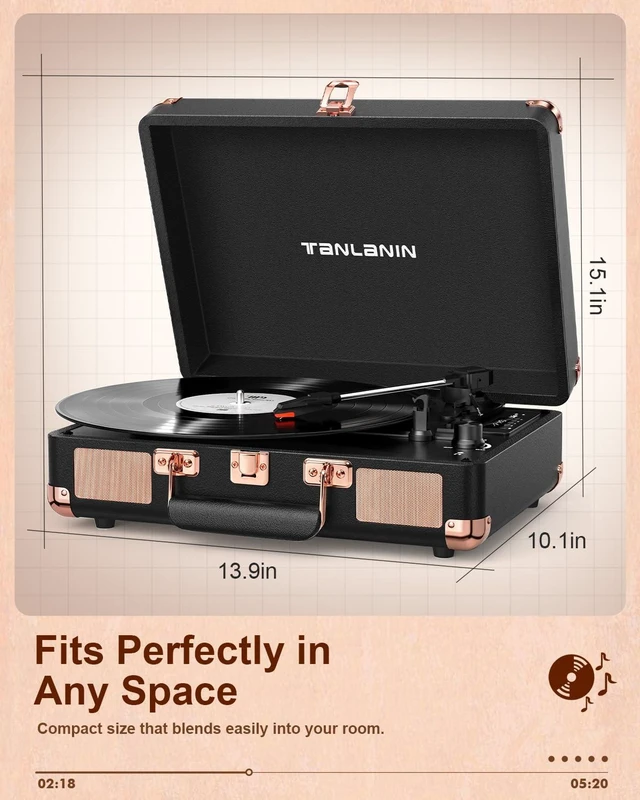 Alt view image 7 of 7 - Retro Suitcase Vinyl Record Player with USB Recording, Bluetooth in, Black Built-in Stereo Speakers, Portable 3-speed turntable plays 7/10/12" Records, LED display, belt driven, RCA/Headphone Jack