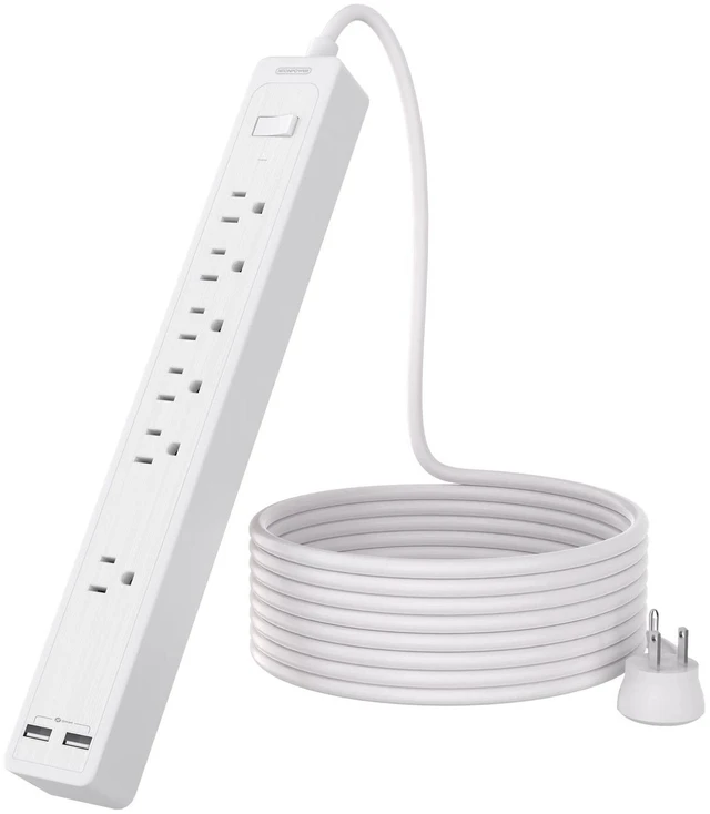 Main image of Extension Cord 15 ft, 6 Outlets Outlet, Heavy Duty Long Power Strip Flat Plug, 1875W Flat Plug, Widely Spaced Outlet, Wall Mount for TV Dorm Office Home Theater, White