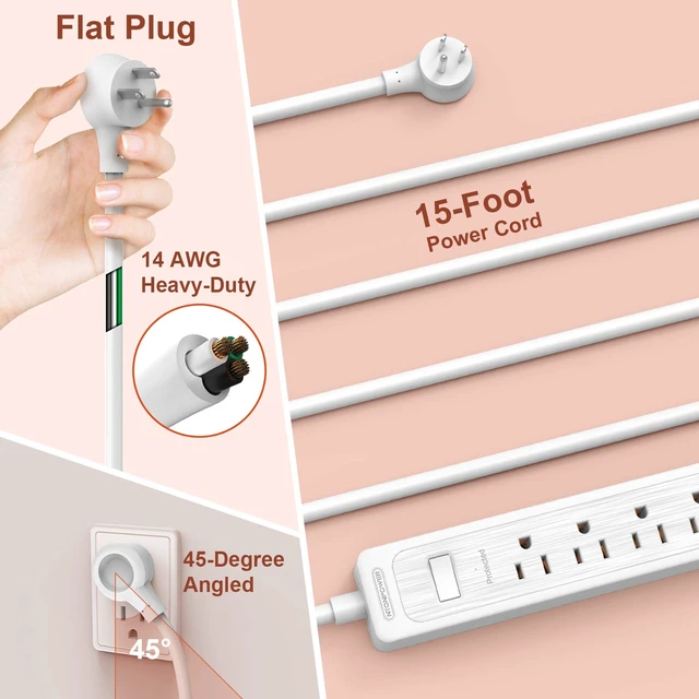 Alt view image 4 of 7 - Extension Cord 15 ft, 6 Outlets Outlet, Heavy Duty Long Power Strip Flat Plug, 1875W Flat Plug, Widely Spaced Outlet, Wall Mount for TV Dorm Office Home Theater, White