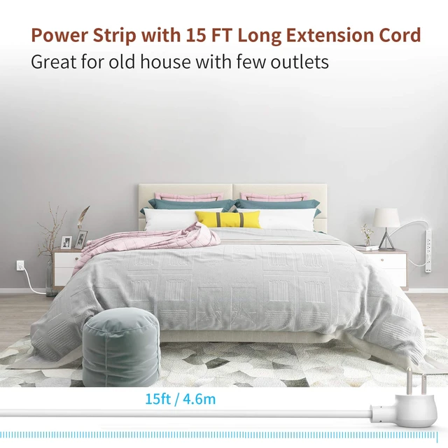 Alt view image 5 of 7 - Extension Cord 15 ft, 6 Outlets Outlet, Heavy Duty Long Power Strip Flat Plug, 1875W Flat Plug, Widely Spaced Outlet, Wall Mount for TV Dorm Office Home Theater, White