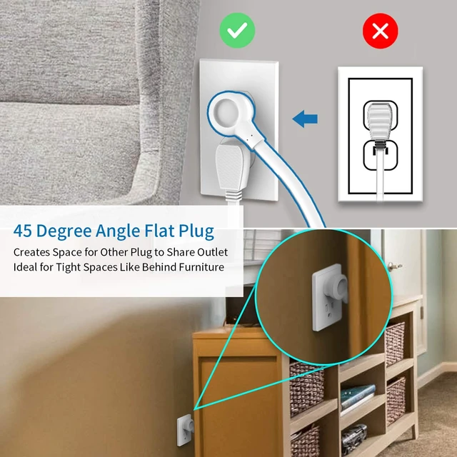 Alt view image 6 of 7 - Extension Cord 15 ft, 6 Outlets Outlet, Heavy Duty Long Power Strip Flat Plug, 1875W Flat Plug, Widely Spaced Outlet, Wall Mount for TV Dorm Office Home Theater, White