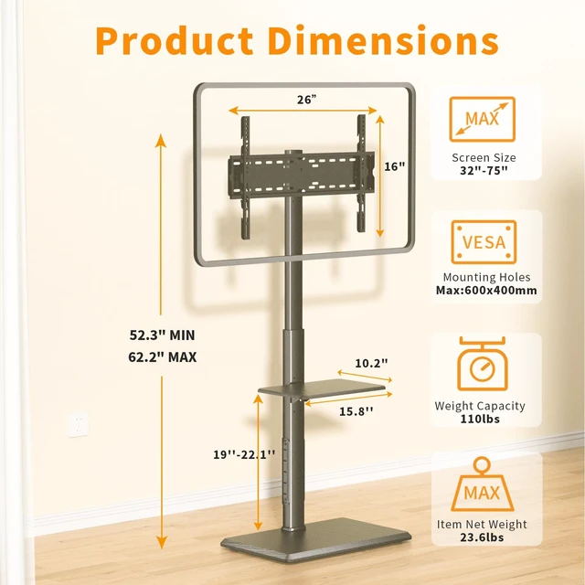 Alt view image 5 of 7 - TV Floor Stand with Power Outlet & Removable Shelf for 32-75 Inch TVs 110 lbs Capacity ±30° Swivel Height Adjustable Cable Management Safety Lock Ideal for Living Room, Bedroom, Office