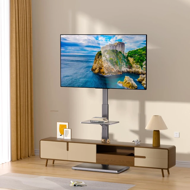 Alt view image 7 of 7 - TV Floor Stand with Power Outlet & Removable Shelf for 32-75 Inch TVs 110 lbs Capacity ±30° Swivel Height Adjustable Cable Management Safety Lock Ideal for Living Room, Bedroom, Office