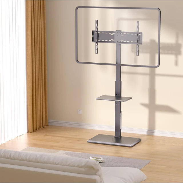 Alt view image 6 of 7 - TV Floor Stand with Power Outlet & Removable Shelf for 32-75 Inch TVs 110 lbs Capacity ±30° Swivel Height Adjustable Cable Management Safety Lock Ideal for Living Room, Bedroom, Office