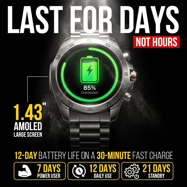 Alt view image 4 of 7 - Commander Smartwatch for Men, 1.43" AMOLED Large Screen, Full Metal Stainless Steel Smart Watch, 12-Day Battery, Bluetooth Calling, IP68 Water Resistant, for Android iPhone, Dark Gray