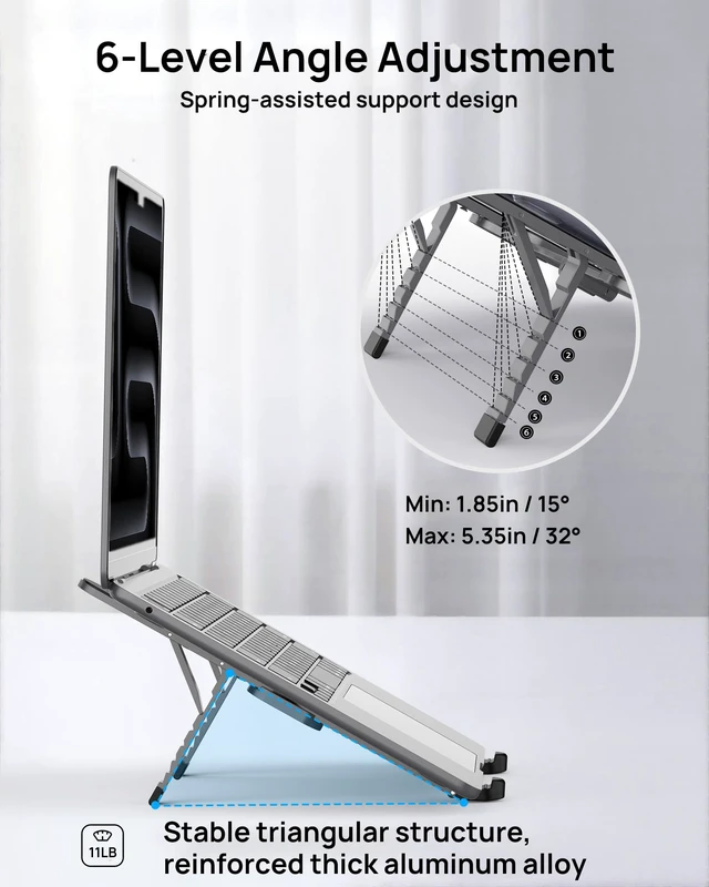 Alt view image 4 of 7 - Ultra Compact Foldable Laptop Stand - Portable Laptop Holder for Desk & Travel Use, Adjustable, Ergonomic Aluminum Computer Holder for MacBook, Tablet 10-16" (Plus-Gray, Bi-Fold)