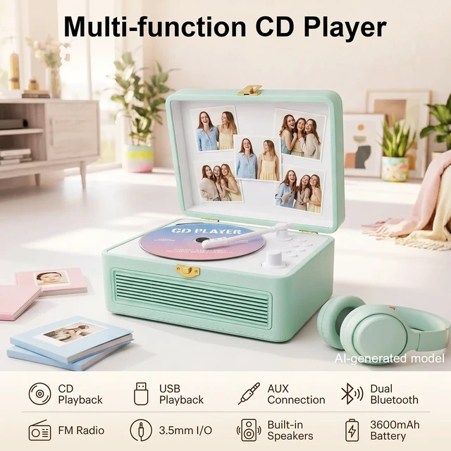 Alt view image 2 of 7 - Portable CD Player with Bluetooth 5.4, 3600mAh Rechargeable Battery Hi-Fi speakers,FM Radio, Leather retro suitcase style,Vintage CD Music Kpop Player,gift idea for music lovers,home decor
