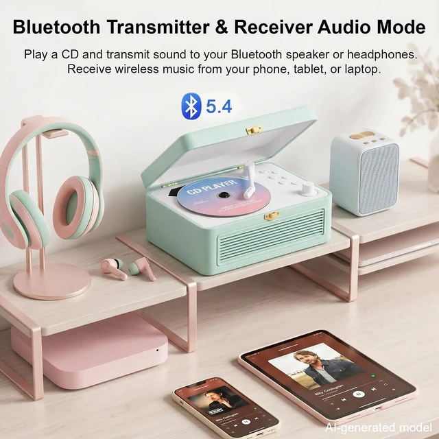 Alt view image 4 of 7 - Portable CD Player with Bluetooth 5.4, 3600mAh Rechargeable Battery Hi-Fi speakers,FM Radio, Leather retro suitcase style,Vintage CD Music Kpop Player,gift idea for music lovers,home decor
