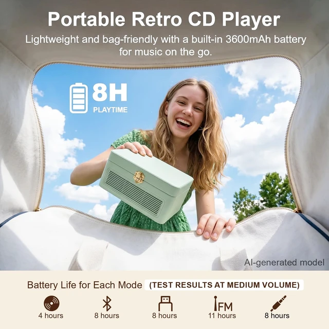 Alt view image 5 of 7 - Portable CD Player with Bluetooth 5.4, 3600mAh Rechargeable Battery Hi-Fi speakers,FM Radio, Leather retro suitcase style,Vintage CD Music Kpop Player,gift idea for music lovers,home decor