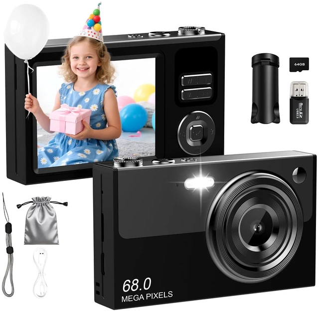 Main image of Digital Camera for Kids & Beginners 64GB SD Point and Shoot Digital Cameras Compact pink digital camera & vlogging camera for kids. Durable drop-resistant design with tripod & 16X zoom for travel