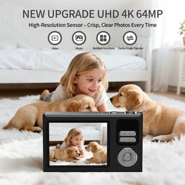 Alt view image 2 of 7 - Digital Camera for Kids & Beginners 64GB SD Point and Shoot Digital Cameras Compact pink digital camera & vlogging camera for kids. Durable drop-resistant design with tripod & 16X zoom for travel