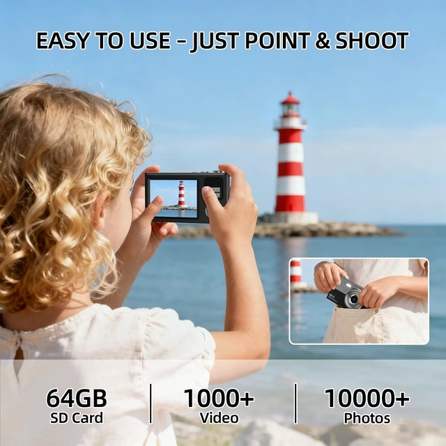 Alt view image 3 of 7 - Digital Camera for Kids & Beginners 64GB SD Point and Shoot Digital Cameras Compact pink digital camera & vlogging camera for kids. Durable drop-resistant design with tripod & 16X zoom for travel