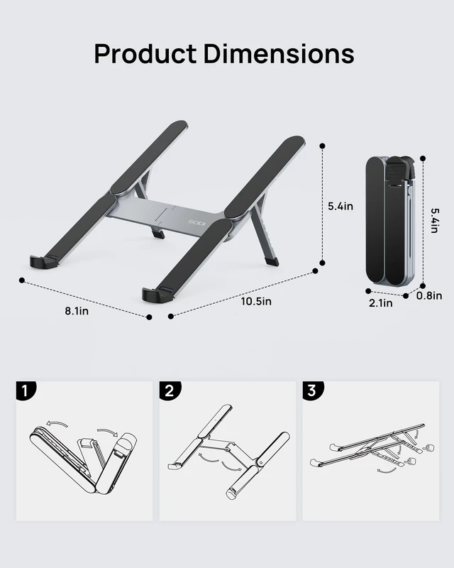 Alt view image 6 of 7 - Ultra Compact Foldable Laptop Stand - Portable Laptop Holder for Desk & Travel Use, Adjustable, Ergonomic Aluminum Computer Holder for MacBook, Tablet 10-16" (Plus-Gray, Bi-Fold)