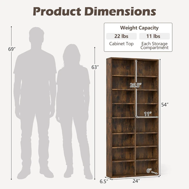 Alt view image 2 of 7 - DVD Shelf, 16-Shelf Wide CD Rack, Brown 12 Adjustable Shelves, DVD Storage Shelf, Easy Assembly, Media Shelf for CD, Bluray Game Disc