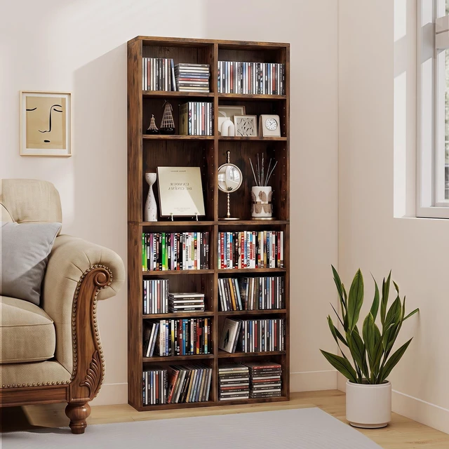 Alt view image 3 of 7 - DVD Shelf, 16-Shelf Wide CD Rack, Brown 12 Adjustable Shelves, DVD Storage Shelf, Easy Assembly, Media Shelf for CD, Bluray Game Disc