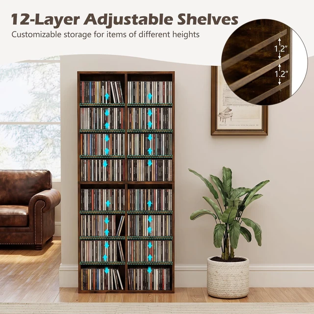 Alt view image 5 of 7 - DVD Shelf, 16-Shelf Wide CD Rack, Brown 12 Adjustable Shelves, DVD Storage Shelf, Easy Assembly, Media Shelf for CD, Bluray Game Disc