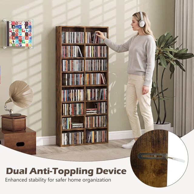 Alt view image 4 of 7 - DVD Shelf, 16-Shelf Wide CD Rack, Brown 12 Adjustable Shelves, DVD Storage Shelf, Easy Assembly, Media Shelf for CD, Bluray Game Disc