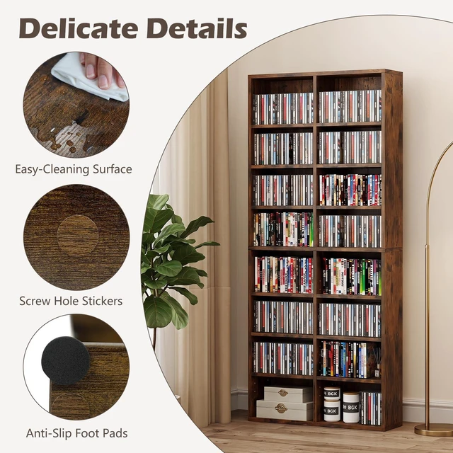 Alt view image 6 of 7 - DVD Shelf, 16-Shelf Wide CD Rack, Brown 12 Adjustable Shelves, DVD Storage Shelf, Easy Assembly, Media Shelf for CD, Bluray Game Disc