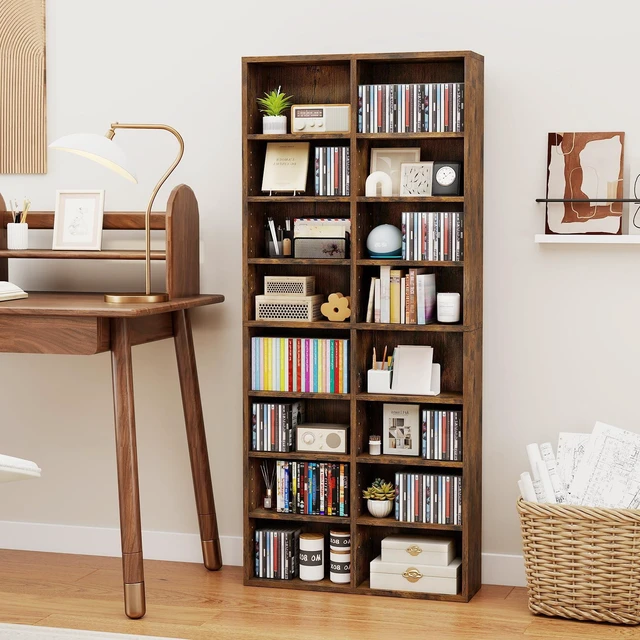Alt view image 7 of 7 - DVD Shelf, 16-Shelf Wide CD Rack, Brown 12 Adjustable Shelves, DVD Storage Shelf, Easy Assembly, Media Shelf for CD, Bluray Game Disc