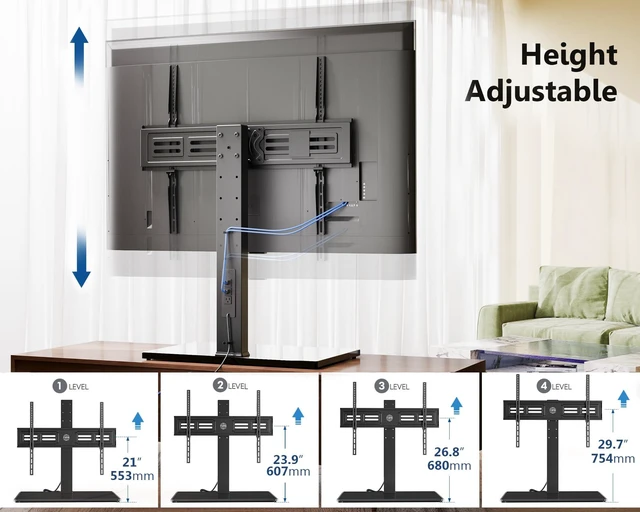 Alt view image 4 of 7 - Universal TV Stand with Power Outlets for 50-85 inch TVs, Black Tabletop Tall TV Stand with Swivel Height Adjustable for Bedroom Living Room, 27.5''Large Tempered Glass Base, up to 110 lb