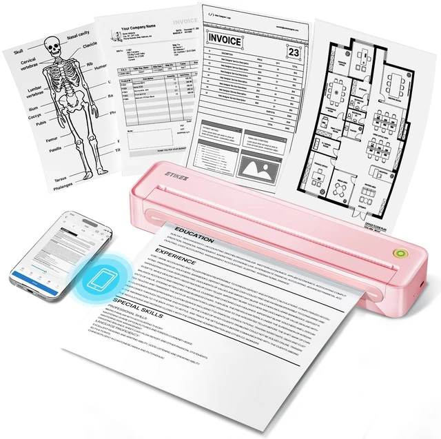 Main image of D90E Inkless Portable Thermal Printer for Travel 8.5" x 11", Pink Wireless Bluetooth Small Compact Mobile Printer for Travel/Office/School/Home, Compatible with iPhone, Tablet & Laptop