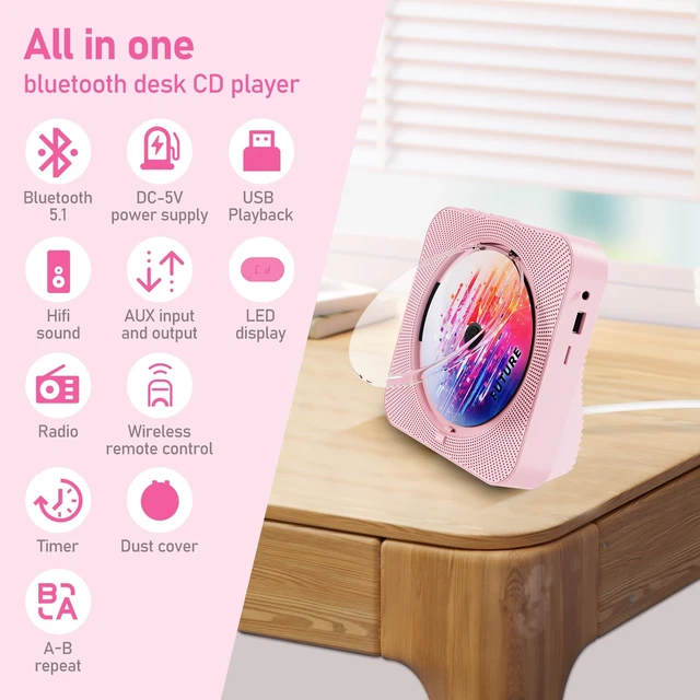 Alt view image 6 of 7 - CD Player Portable Bluetooth 5.1 Desktop CD Player with HiFi Sound Speakers,Remote Control,Dust Cover,LED Display,Boombox FM Radio,USB/AUX for Home,Kids (Pink)