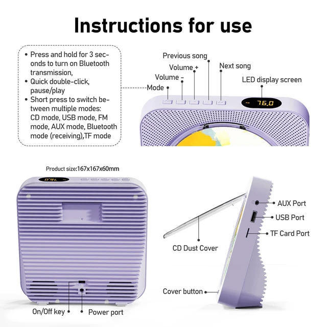 Alt view image 2 of 7 - CD Player Portable Bluetooth 5.1 Desktop CD Player with HiFi Sound Speakers,Remote Control,Dust Cover,LED Display,Boombox FM Radio,USB/AUX for Home,Kids (Purple)