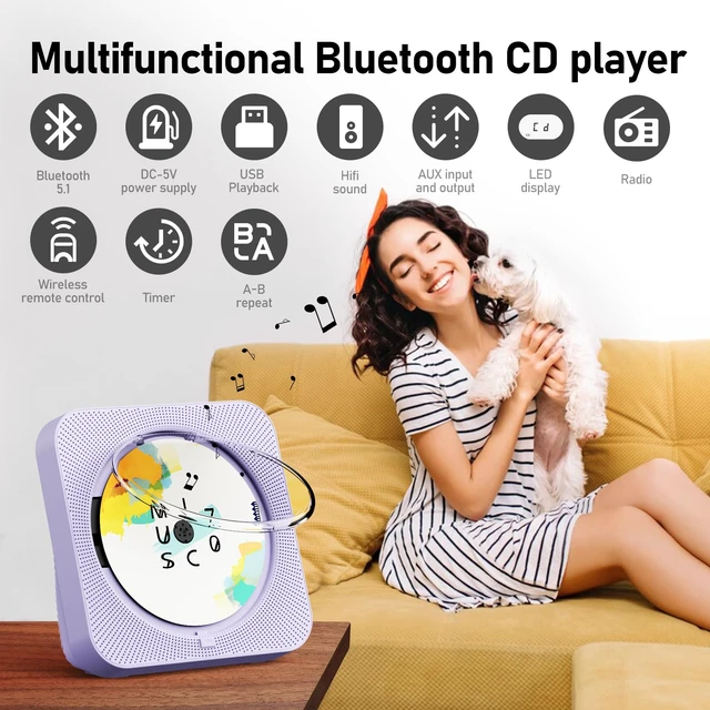 Alt view image 3 of 7 - CD Player Portable Bluetooth 5.1 Desktop CD Player with HiFi Sound Speakers,Remote Control,Dust Cover,LED Display,Boombox FM Radio,USB/AUX for Home,Kids (Purple)