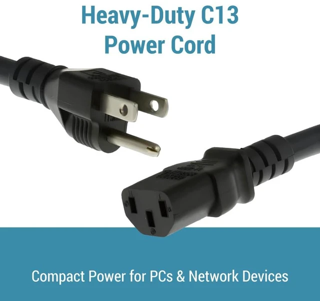 Alt view image 2 of 7 - Heavy Duty AC Power Cord 1ft, 14AWG NEMA 5-15P to IEC C13 14 AWG, 15A/125V 3-Conductor Replacement Power Cable for PCs, Monitors and Workstations