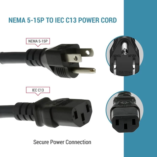 Alt view image 4 of 7 - Heavy Duty AC Power Cord 1ft, 14AWG NEMA 5-15P to IEC C13 14 AWG, 15A/125V 3-Conductor Replacement Power Cable for PCs, Monitors and Workstations