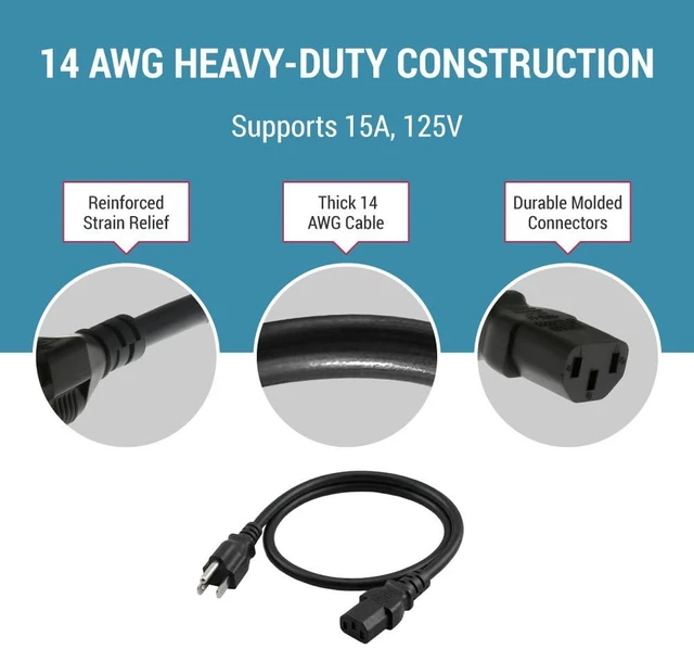 Alt view image 5 of 7 - Heavy Duty AC Power Cord 1ft, 14AWG NEMA 5-15P to IEC C13 14 AWG, 15A/125V 3-Conductor Replacement Power Cable for PCs, Monitors and Workstations