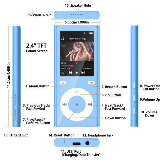 Alt view image 7 of 7 - 90GB MP3 Player with Bluetooth 5.3, Music Player with 2 TF Card Slots 2.4" Color Screen, Touch Buttons, MP3 Player for Kids Built-in Speaker, HiFi Sound, Supports up to 256GB (Blue)