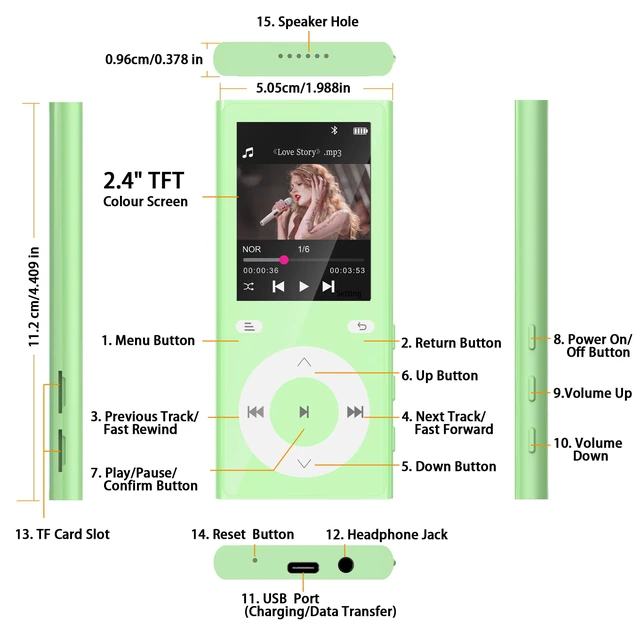 Alt view image 7 of 7 - 90GB MP3 Player with Bluetooth 5.3, Music Player with 2 TF Card Slots 2.4" Color Screen, Touch Buttons, MP3 Player for Kids Built-in Speaker, HiFi Sound, Supports up to 256GB (Green)