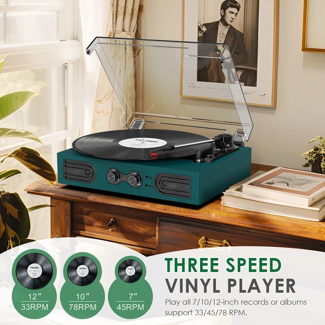 Alt view image 2 of 7 - Vinyl Record Player with Built-in Speakers 3-Speed Vintage Record Player Support Treble& Bass Control, 3.5mm Headphone Jack, RCA-Out/Aux in, Belt-Driven LP Turntable,Dark Green